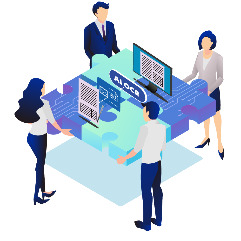 AI OCRによる決算書データの自動読み取りから経営分析レポートを生成するイメージ図。